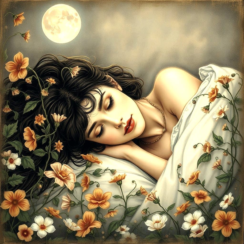 Dreamlike Woman Amidst Blooming Wildflowers, in Whimsical St...