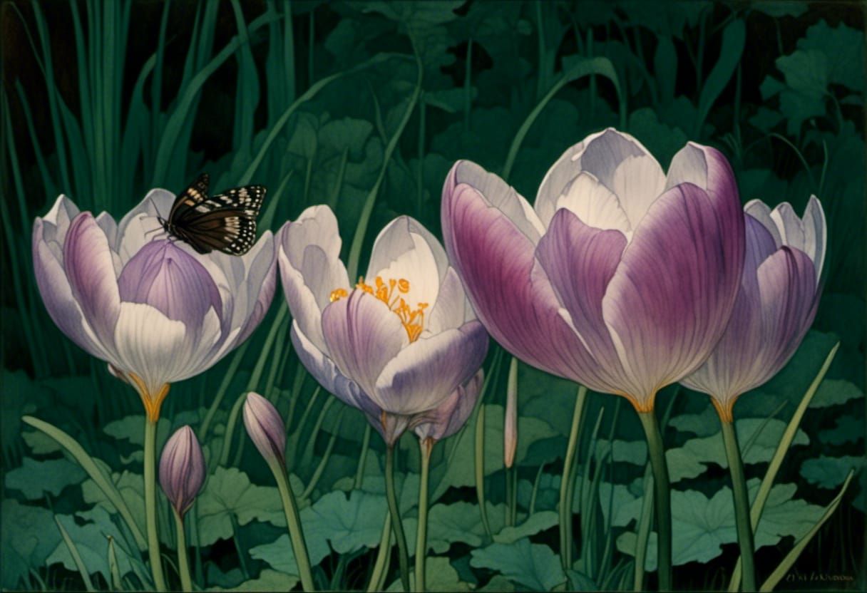 Autumn Crocus and Butterfly: Detailed Illustration