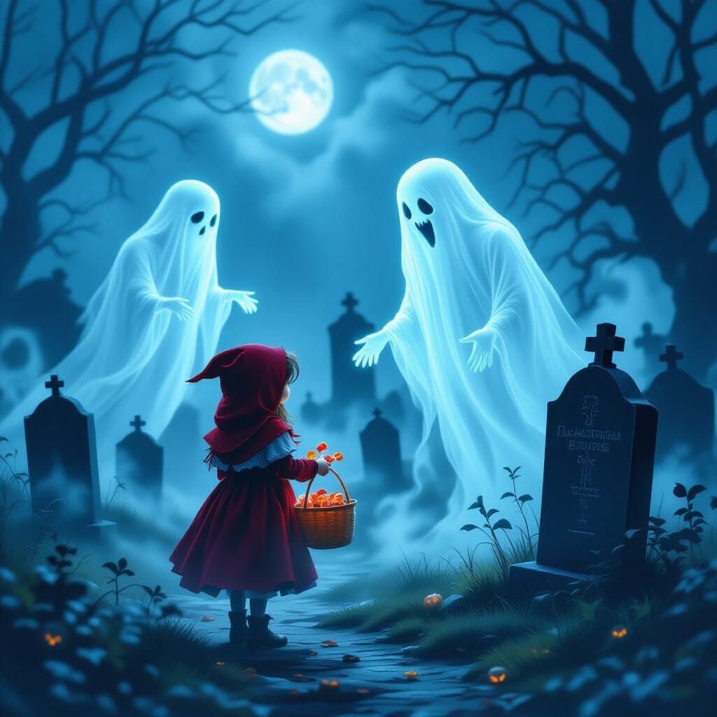 Little Red Riding Hood in Foggy Graveyard with Ghosts
