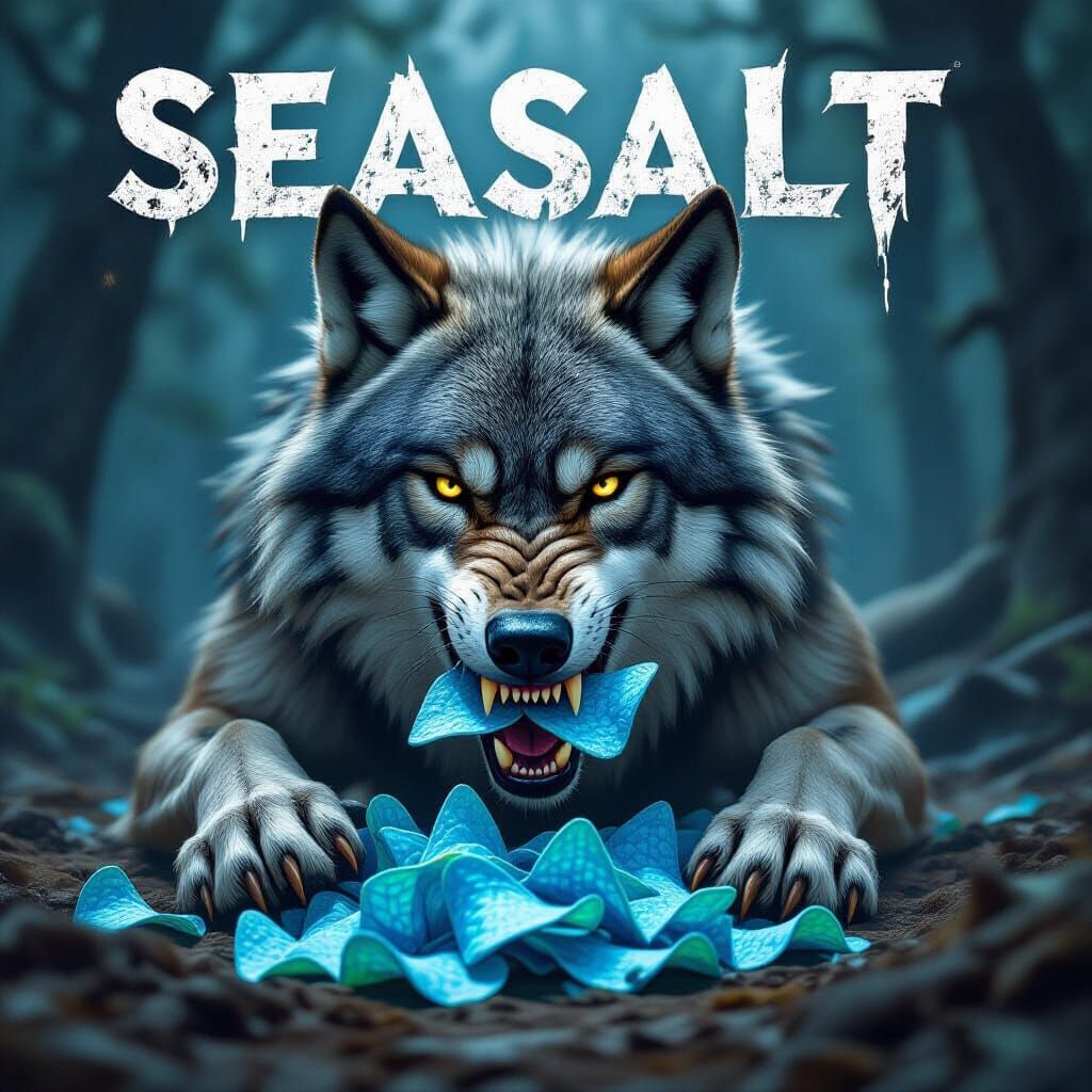 Epic Fantasy Wolf Eats Blue Takis Under 'Seasalt' Title