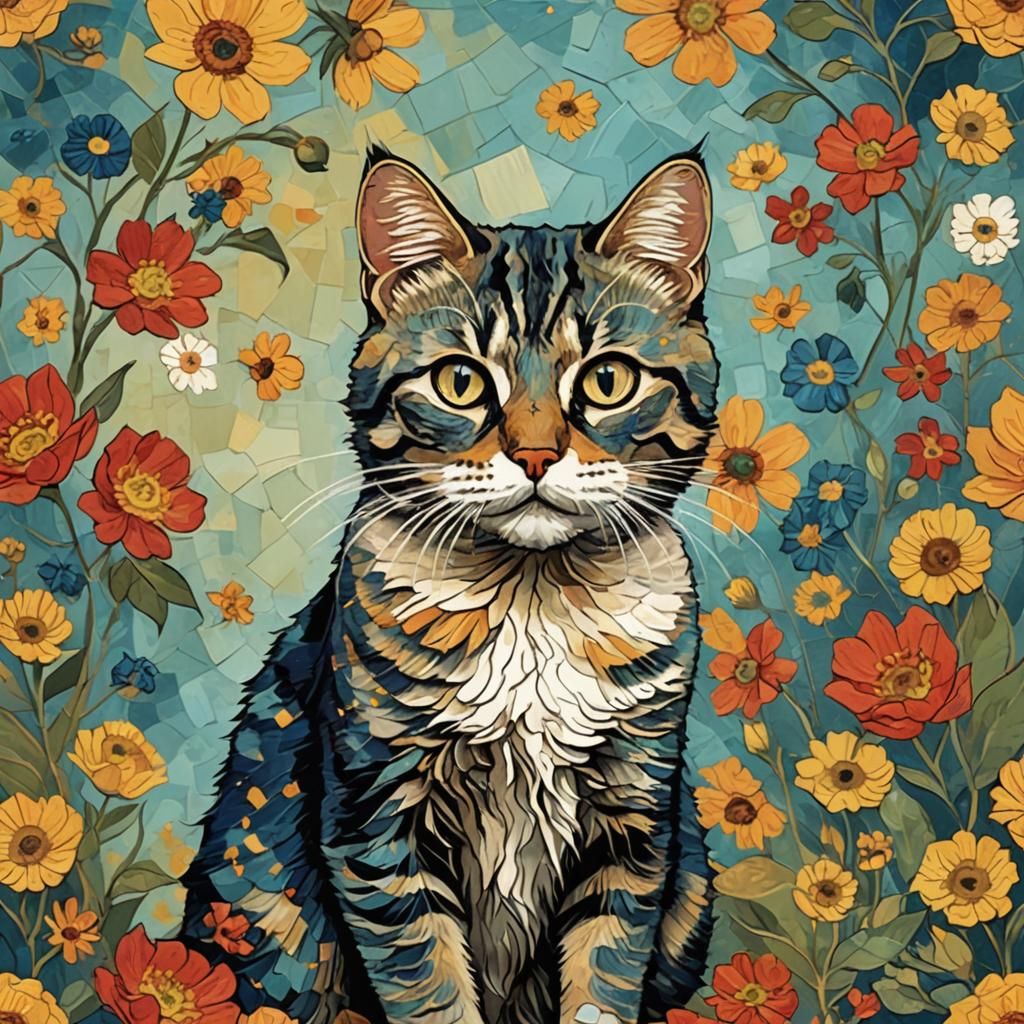 Vintage Postcard Cat in Impasto Style