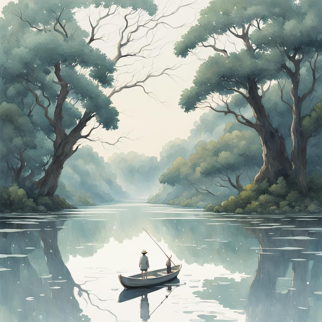 Lonely Fisherman in White Abstract Watercolor