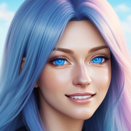 Realistic Anime Portrait of Smiling Woman with Blue Eyes