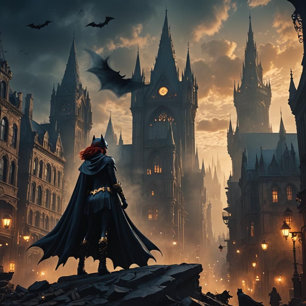 Batwoman in Gothic City at Sunset, Cinematic Lighting