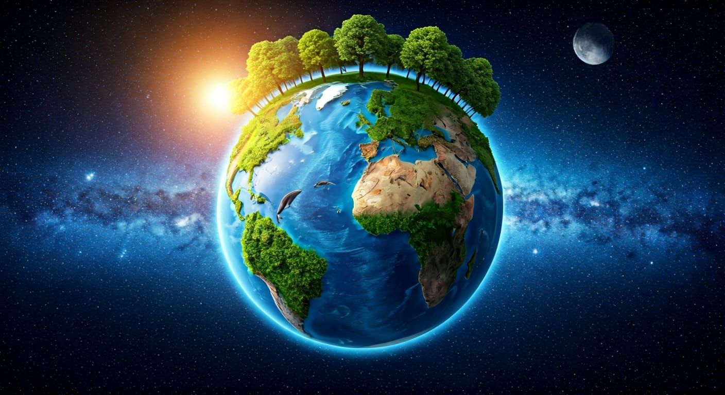 Lush Earth Floating in Space with Wildlife