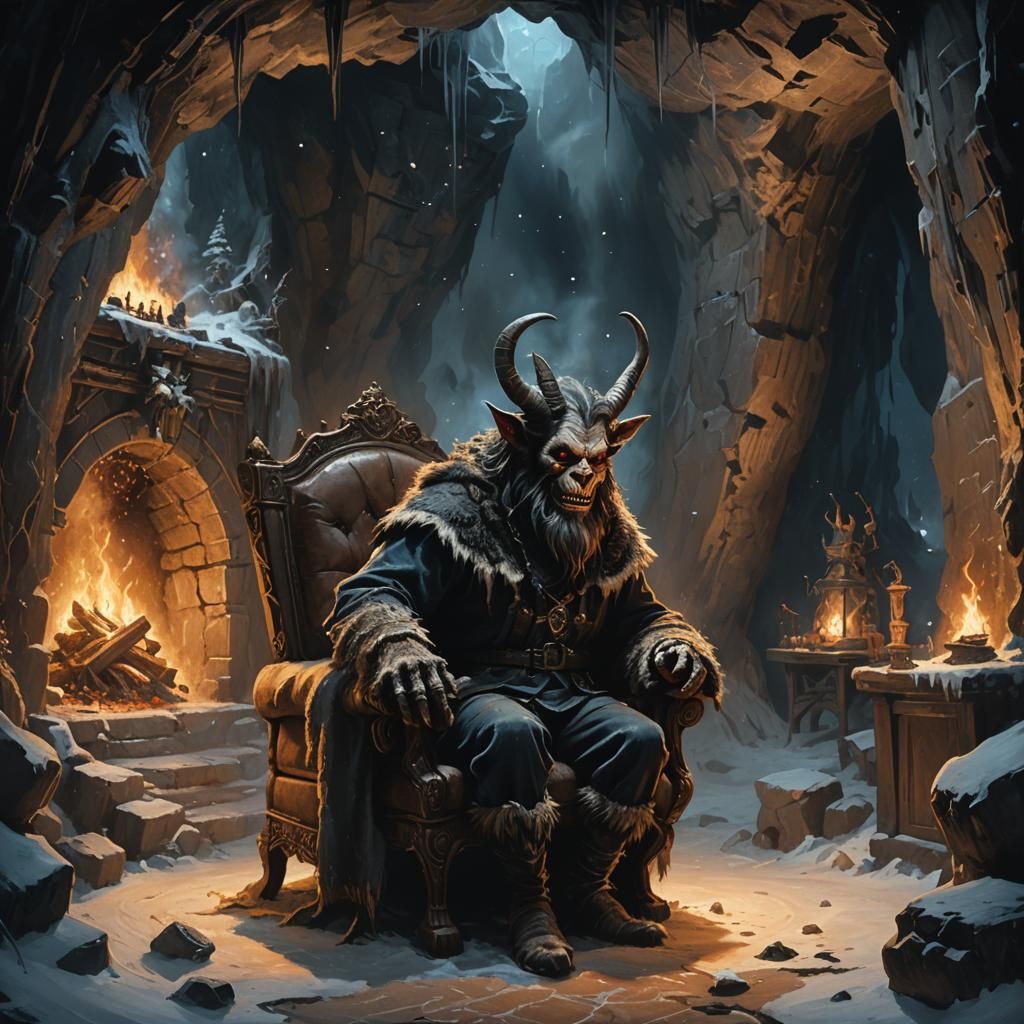 Krampus in Cave with Minions: Old Masters Oil Painting