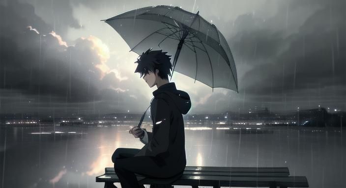 Lonely Anime Boy Under Cloudy Sky