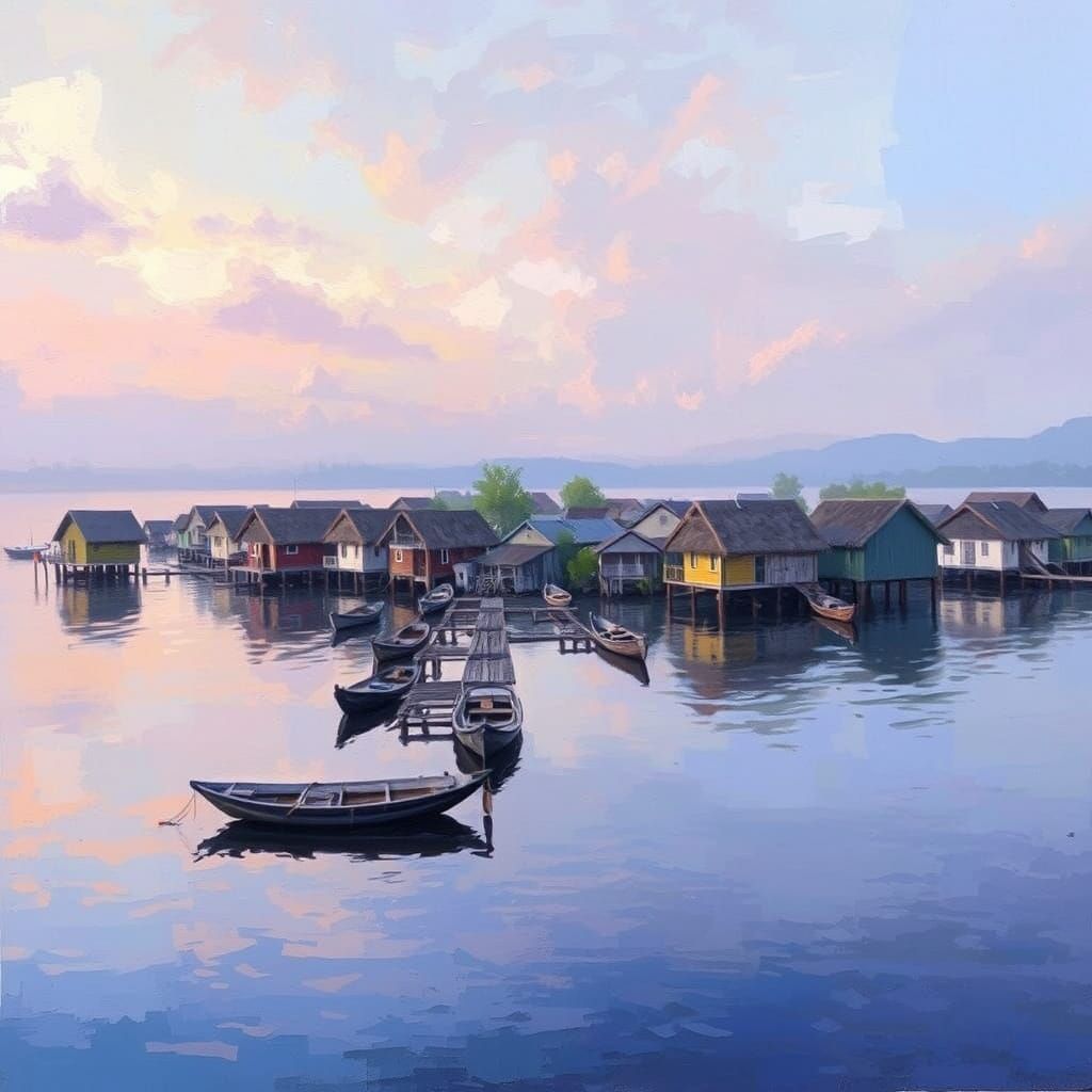 Picturesque Village on Serene Lake Twilight Oil Painting