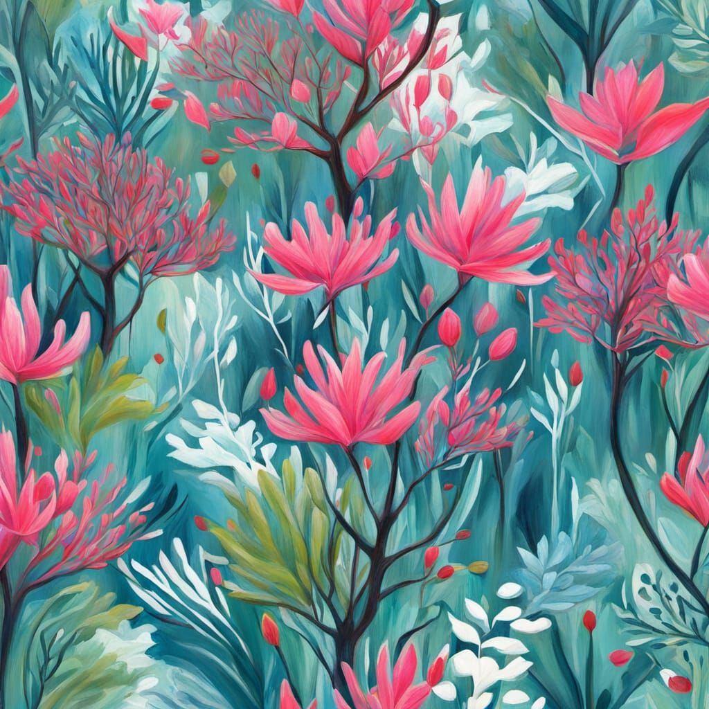 Abstract Surrealist Floral Painting of Coral Tree