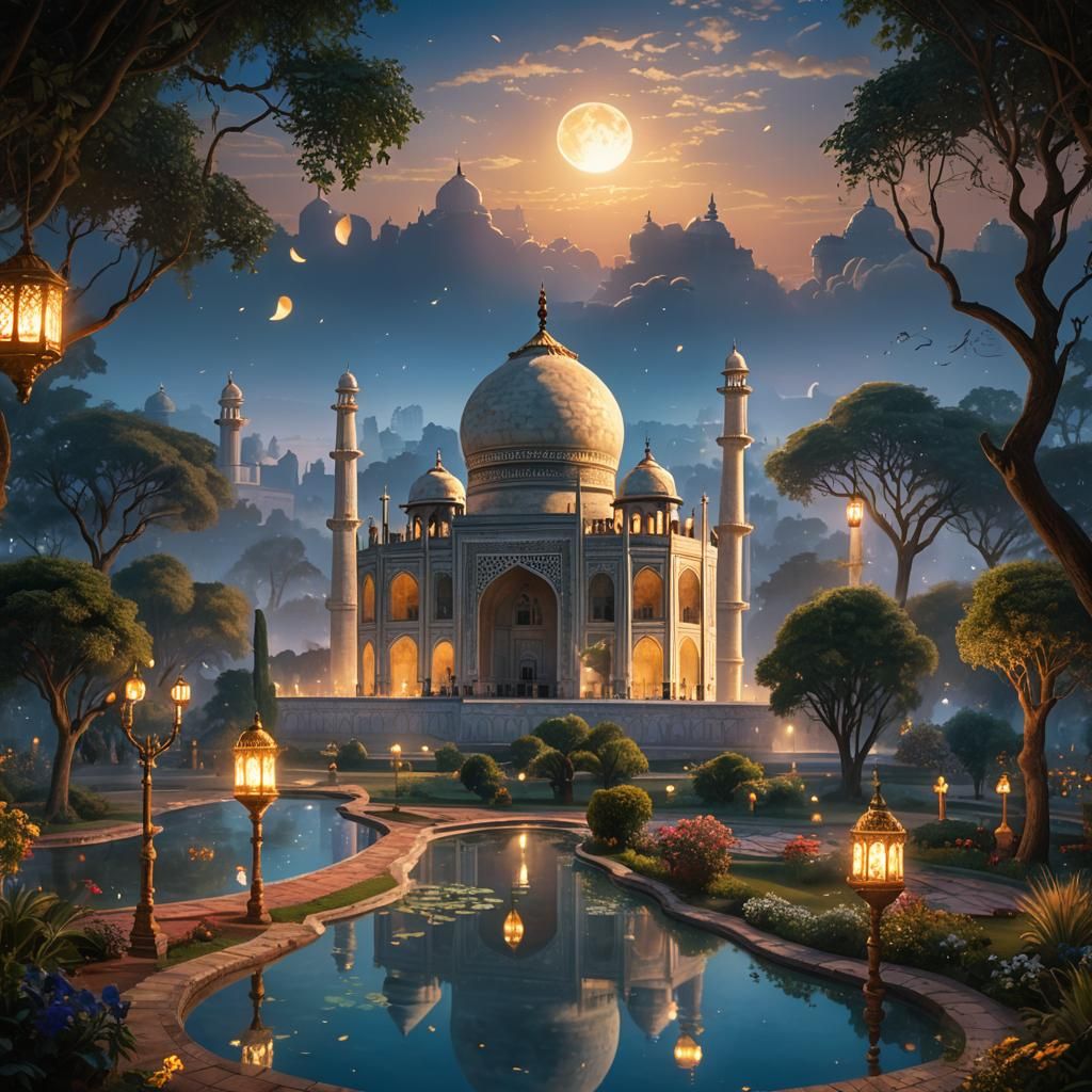 Taj Mahal in Moonlit Garden: Fantasy Concept Art