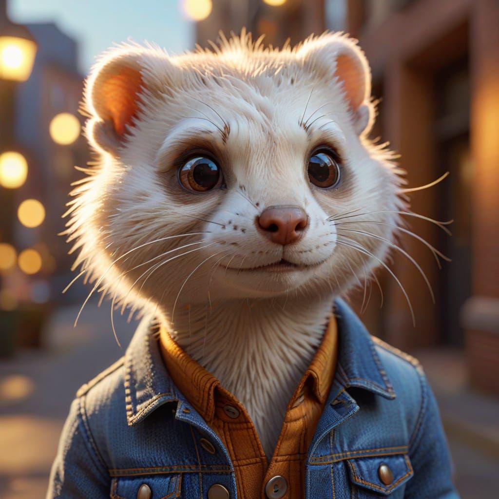 Cartoon Ferret in Denim Jacket: Pixar Style 3D Render
