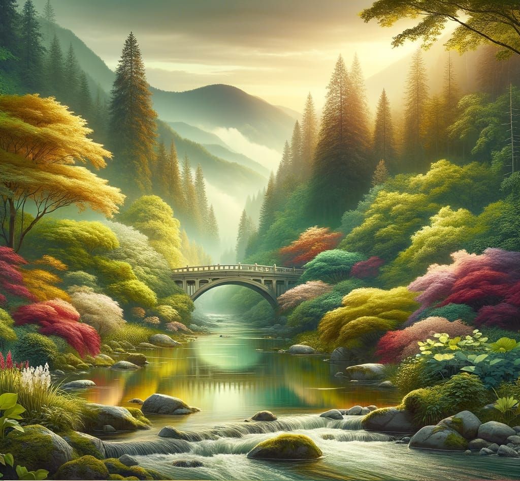 Enchanting Forest Landscape with Serene River and Stone Brid...