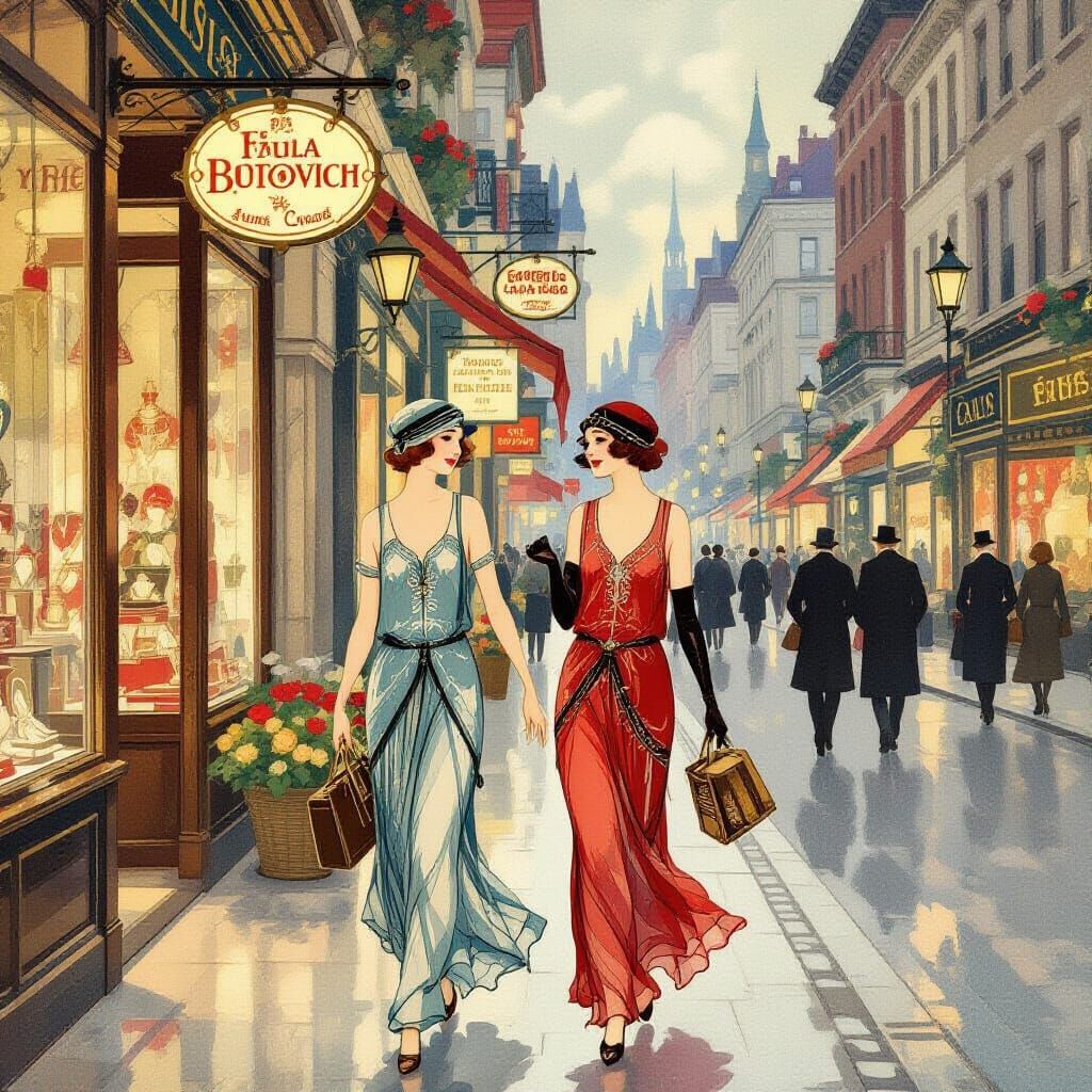 1920s Women in Vintage City Street Scene