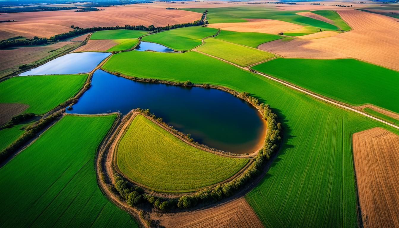 Drone shot of a agricultural landscape with a small lake