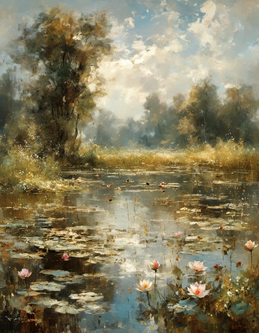 Water Lilies in Wildflower Meadow: Exquisite Painting