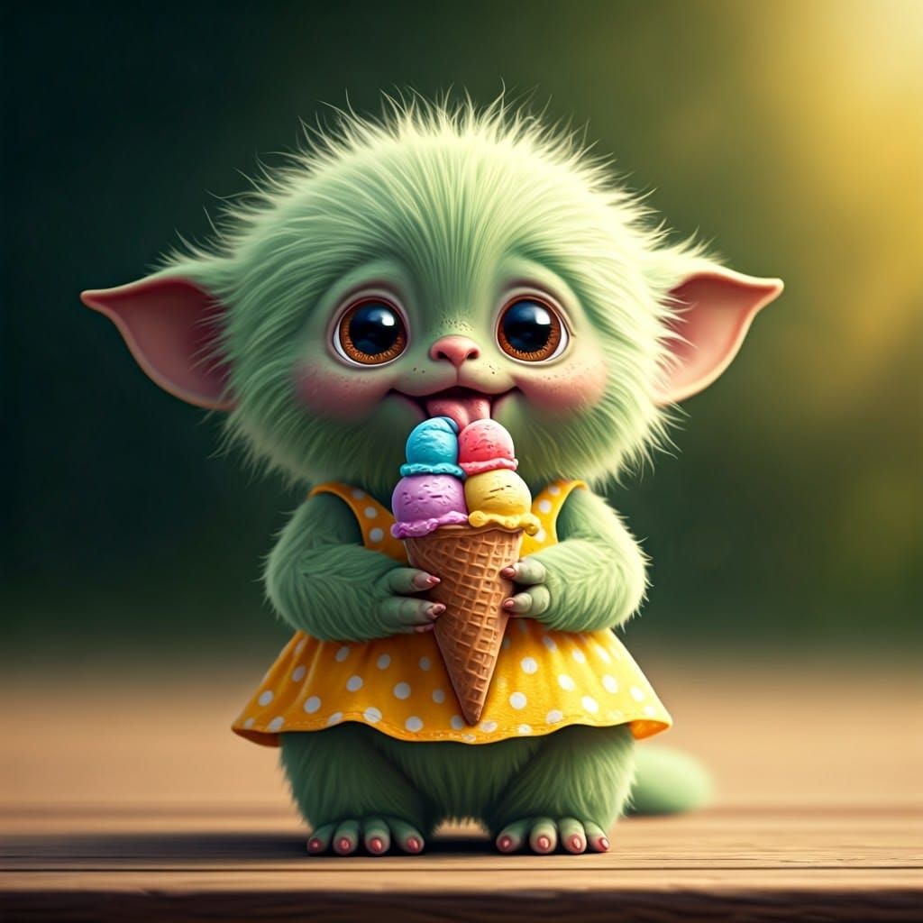 Green Furry Creature Licking Ice Cream Cone