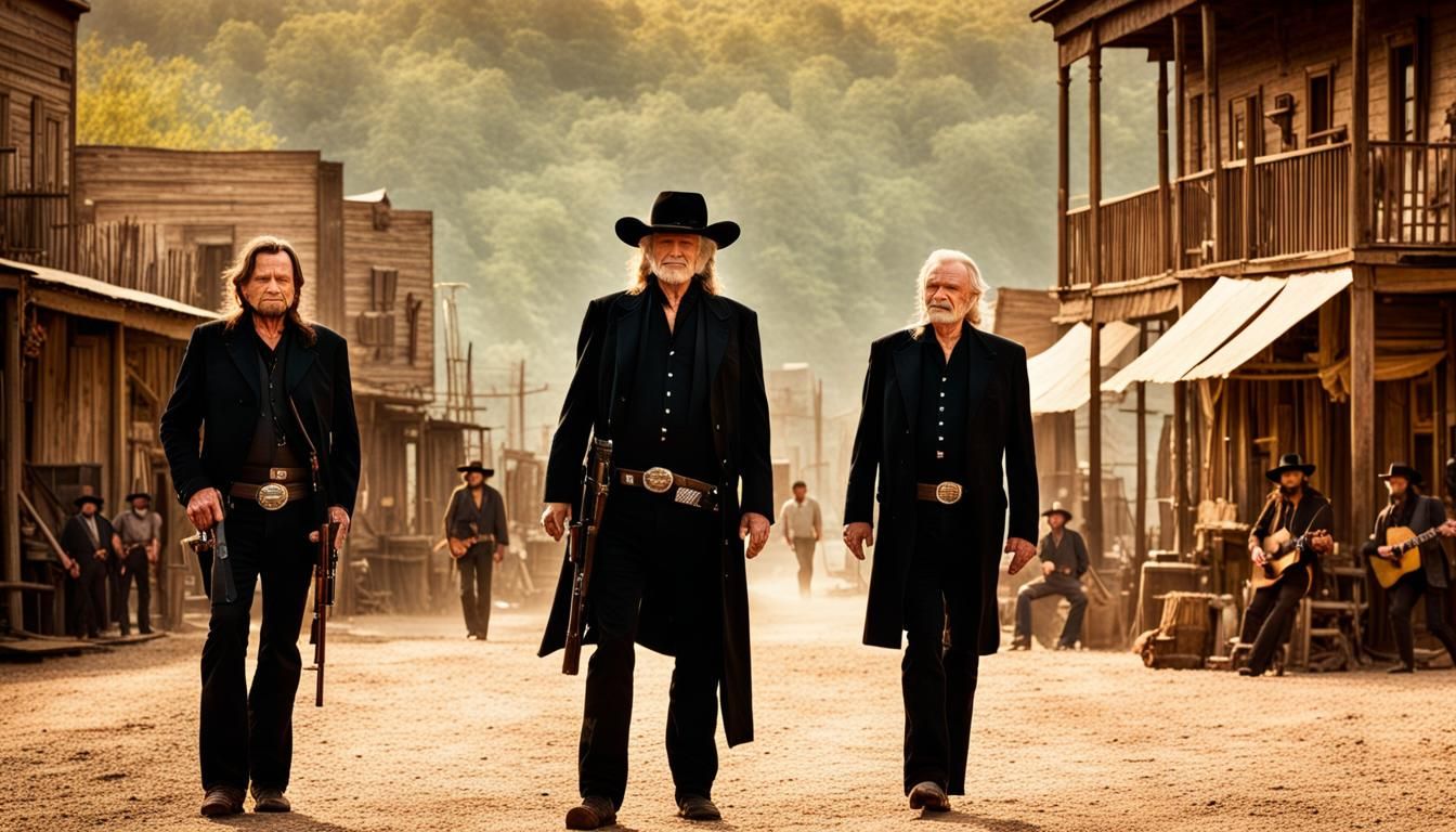 Johnny Cash, Waylon Jennings, Willie Nelson and Kris Kristofferson, as outlaws on dusty street of old western town. Earl...