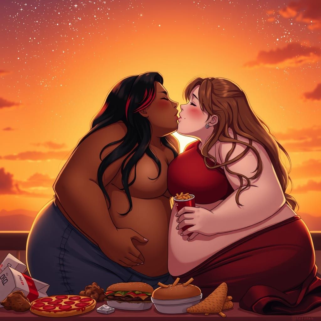 Two Plus-Sized Women Share a Romantic Kiss Under a Starry Su...