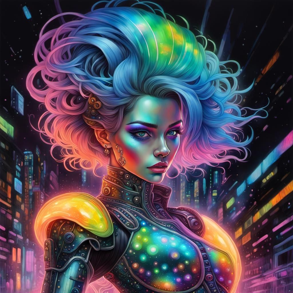 Holographic Cyberpunk Hacker in Rainbow Opal Ink