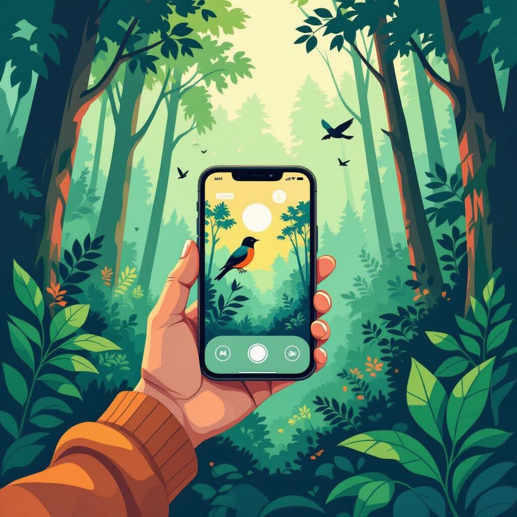 Bird Call App in Lush Forest Illustration