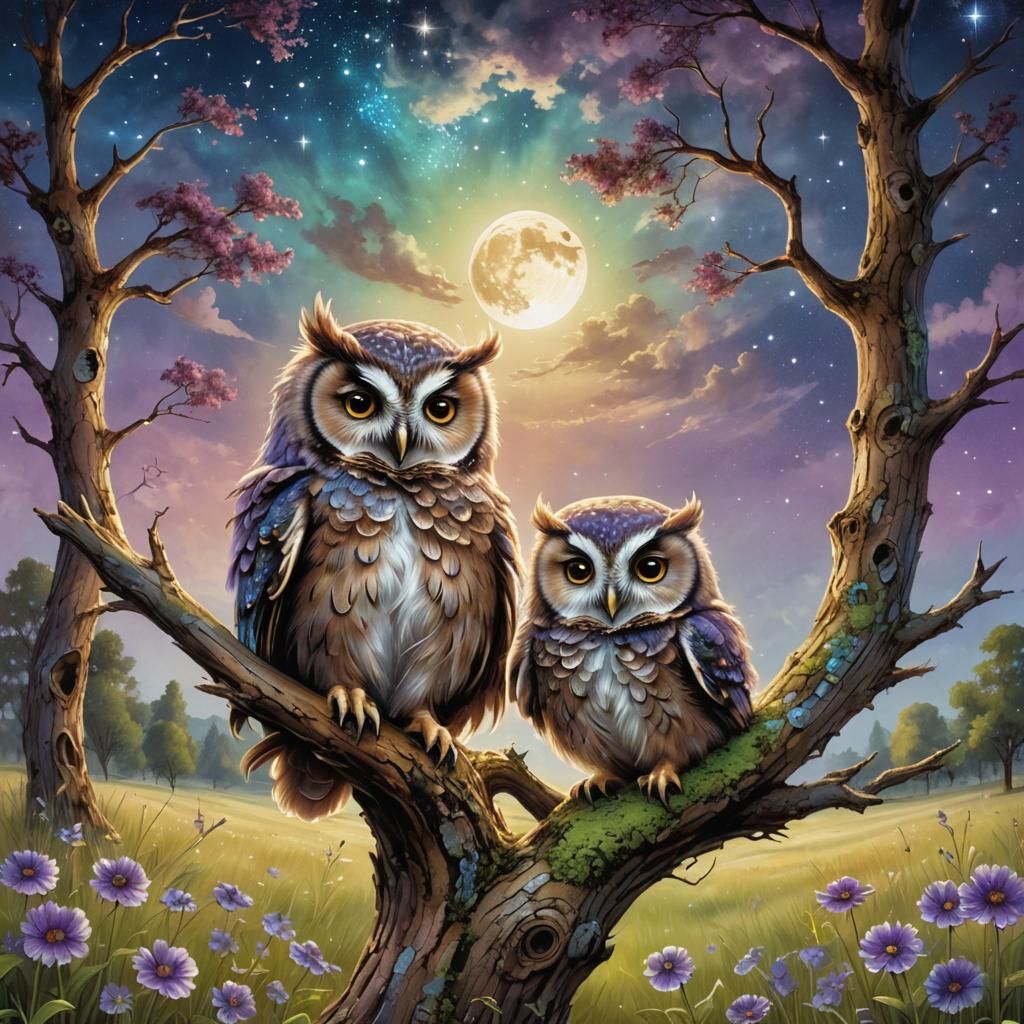 Beautiful cute happy fluffy owl-chicks, summer landscape, ol...