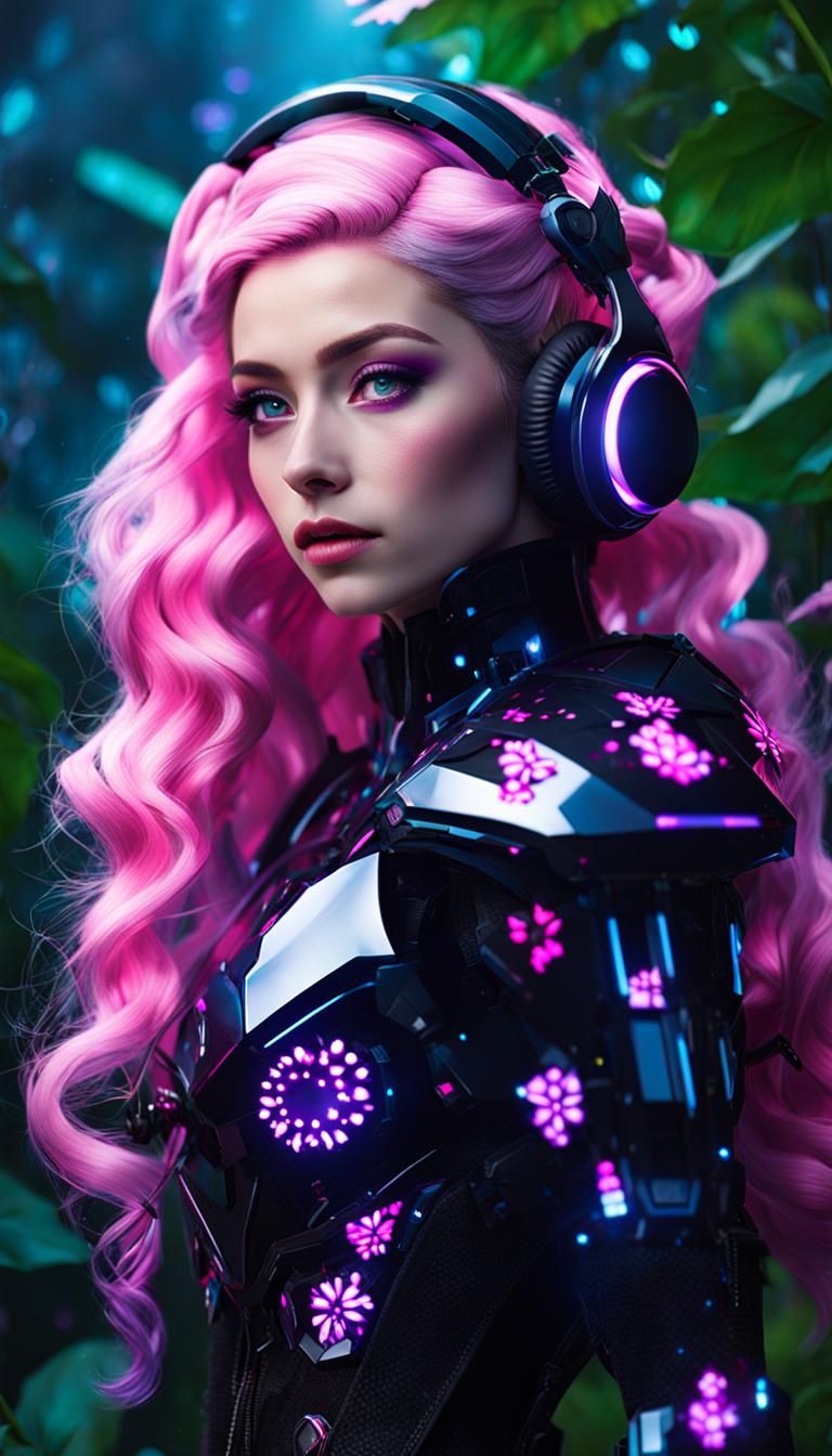 Futuristic Girl with Butterflies in Jungle