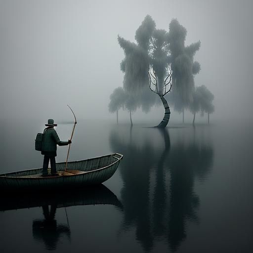 Surreal Fisherman in Misty, Moody Landscape