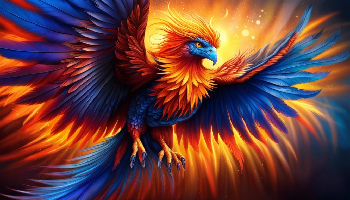 Vibrant Firebird with Flaming Plumage in Flight