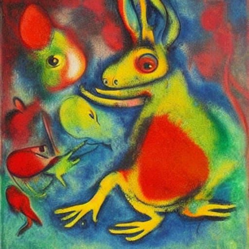 Surrealist Rabbit Leaps in Puddle, Frog Shouts, Vibrant Colo...