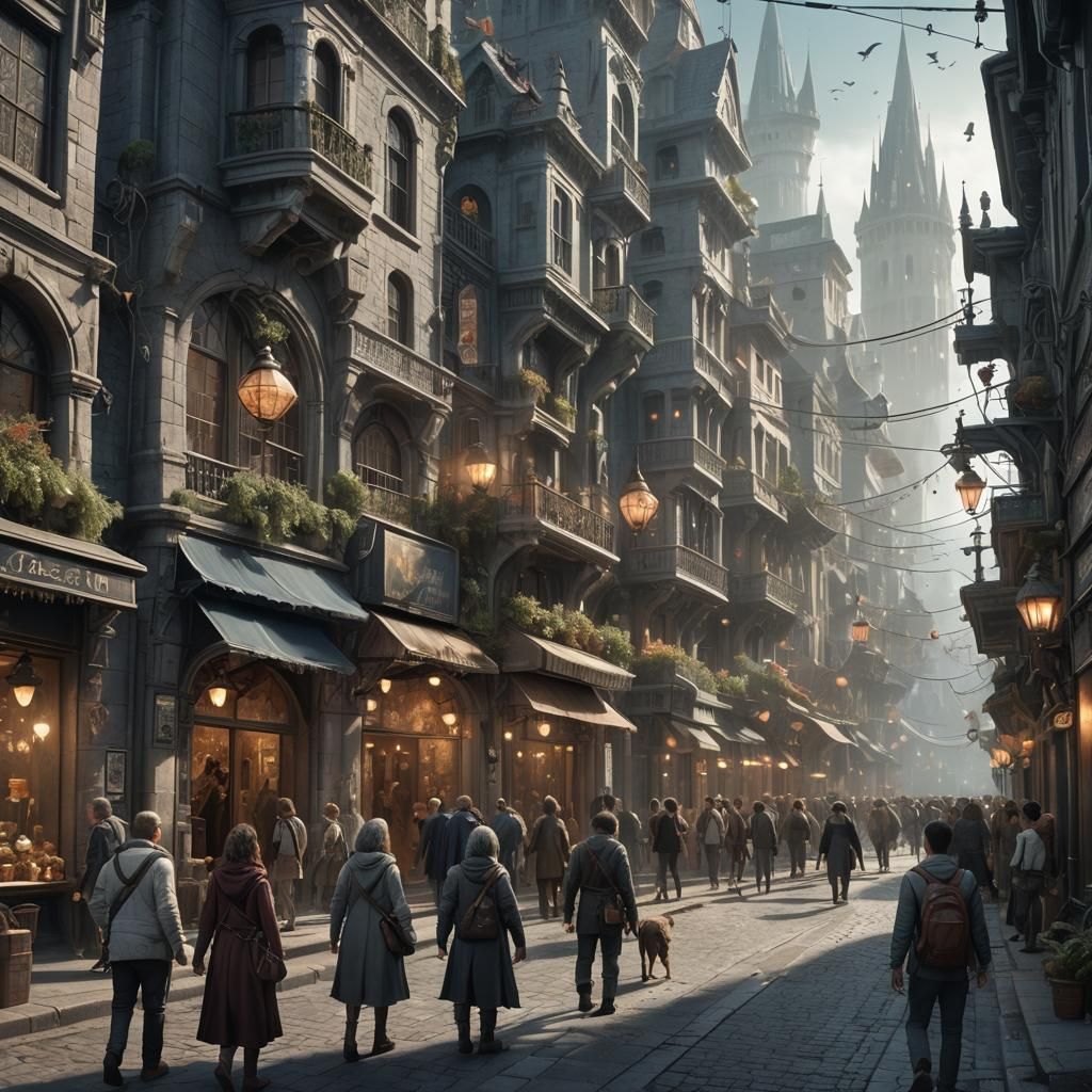 Mystical City Street Scene in Detailed Matte Painting