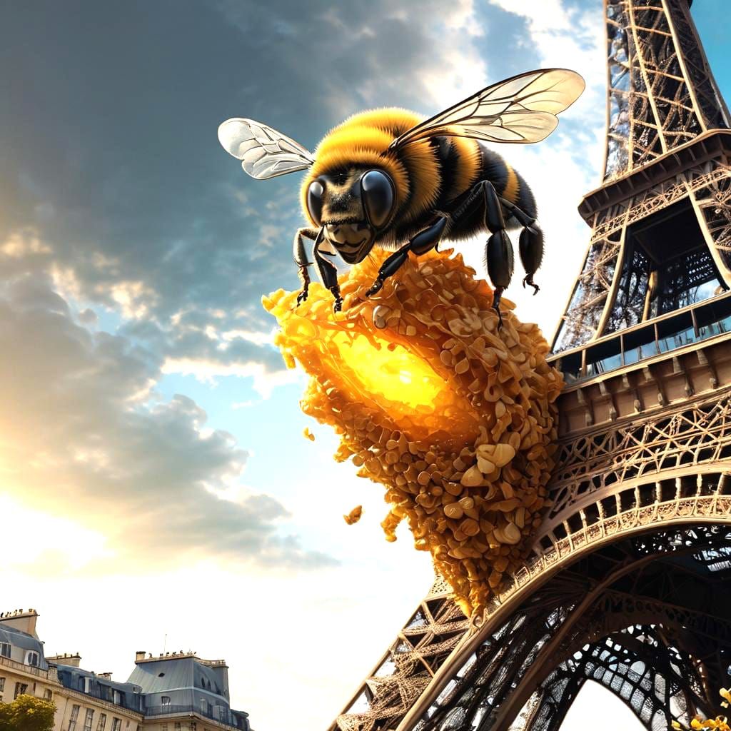 A colossal realistic Bumble Bee rampaging on the Eiffel Towe...
