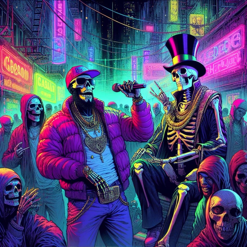 Cyberpunk Mardi Gras Parade with Rapper and Skeleton King