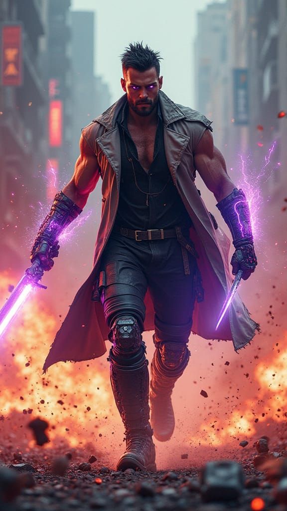 Cyberpunk Warrior Engages in Intense Battle