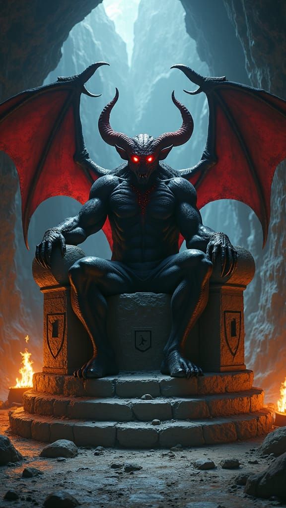 Bat-Demon Hybrid on Stone Throne in Gothic Art Style