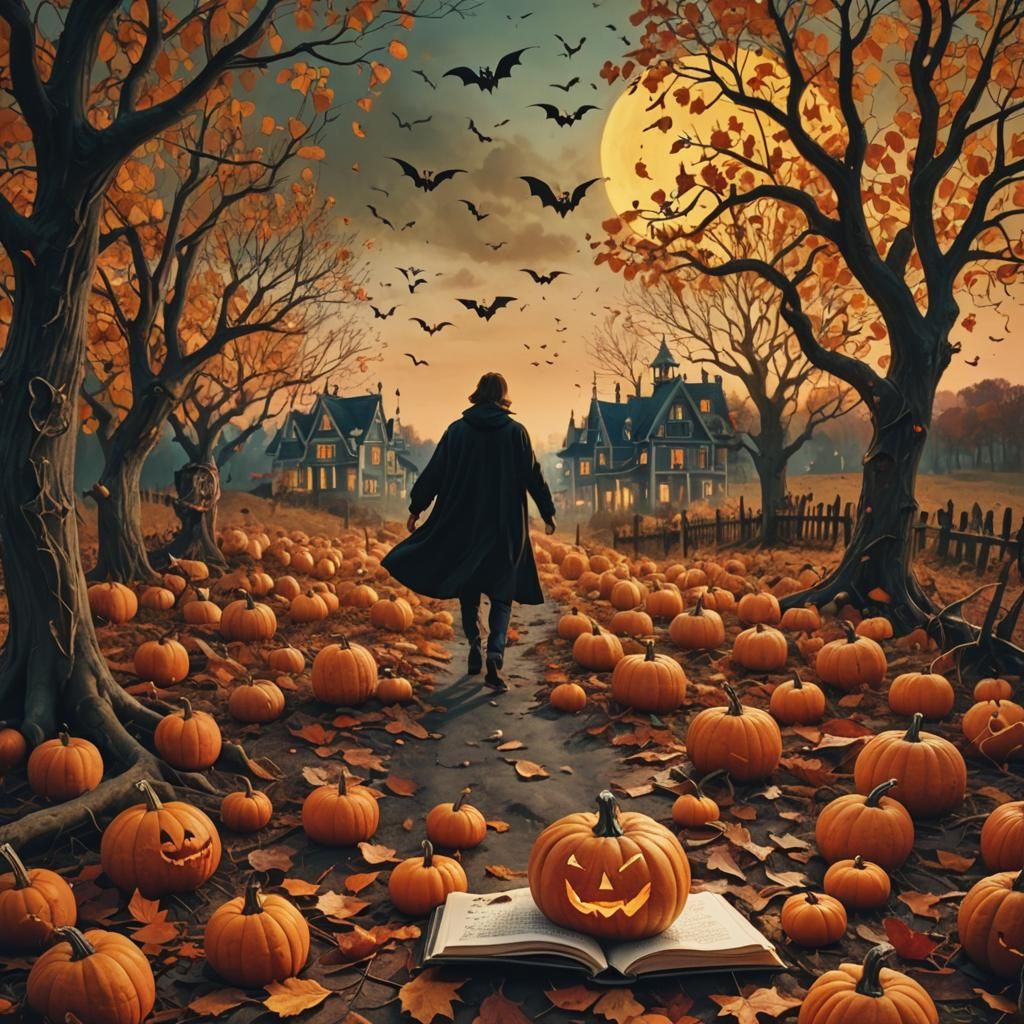 Autumnal Halloween Landscape: Surreal Fairytale Illustration