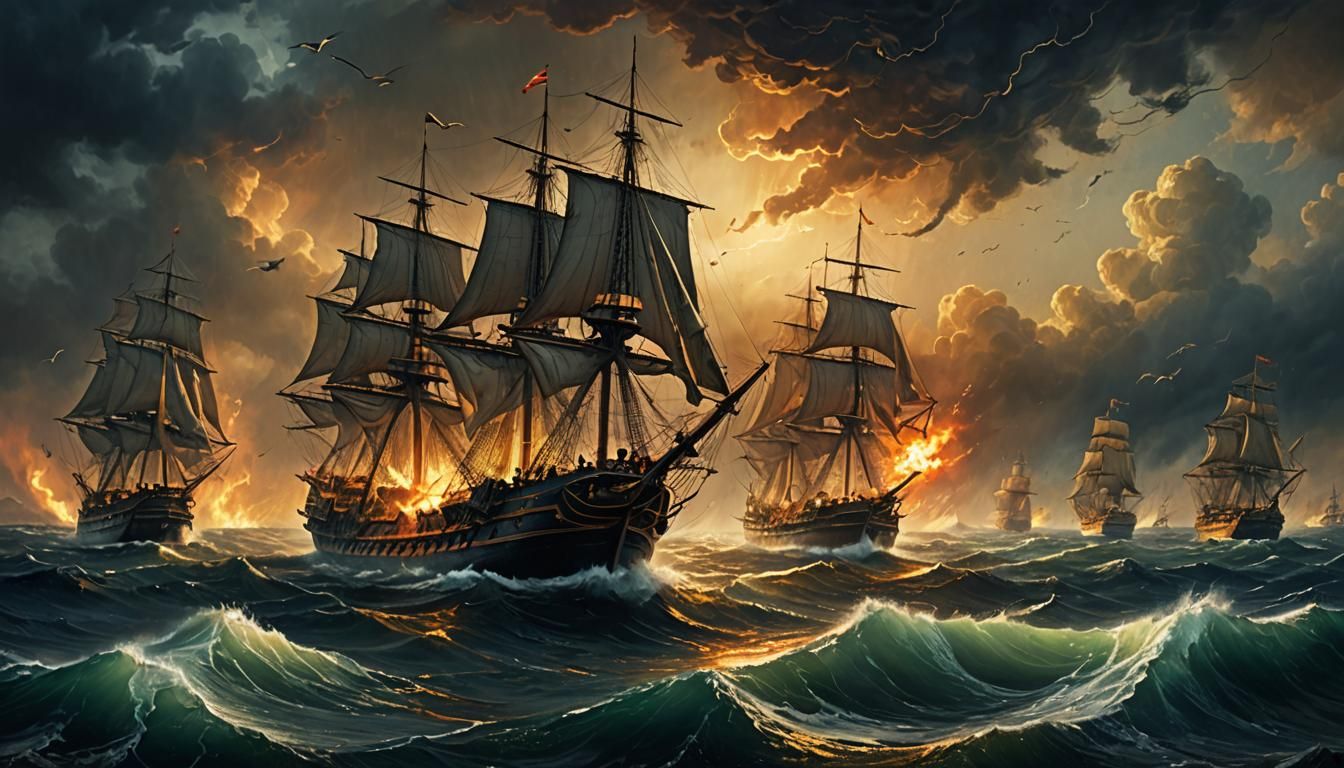 Naval Battle on Stormy Seas as Digital Painting