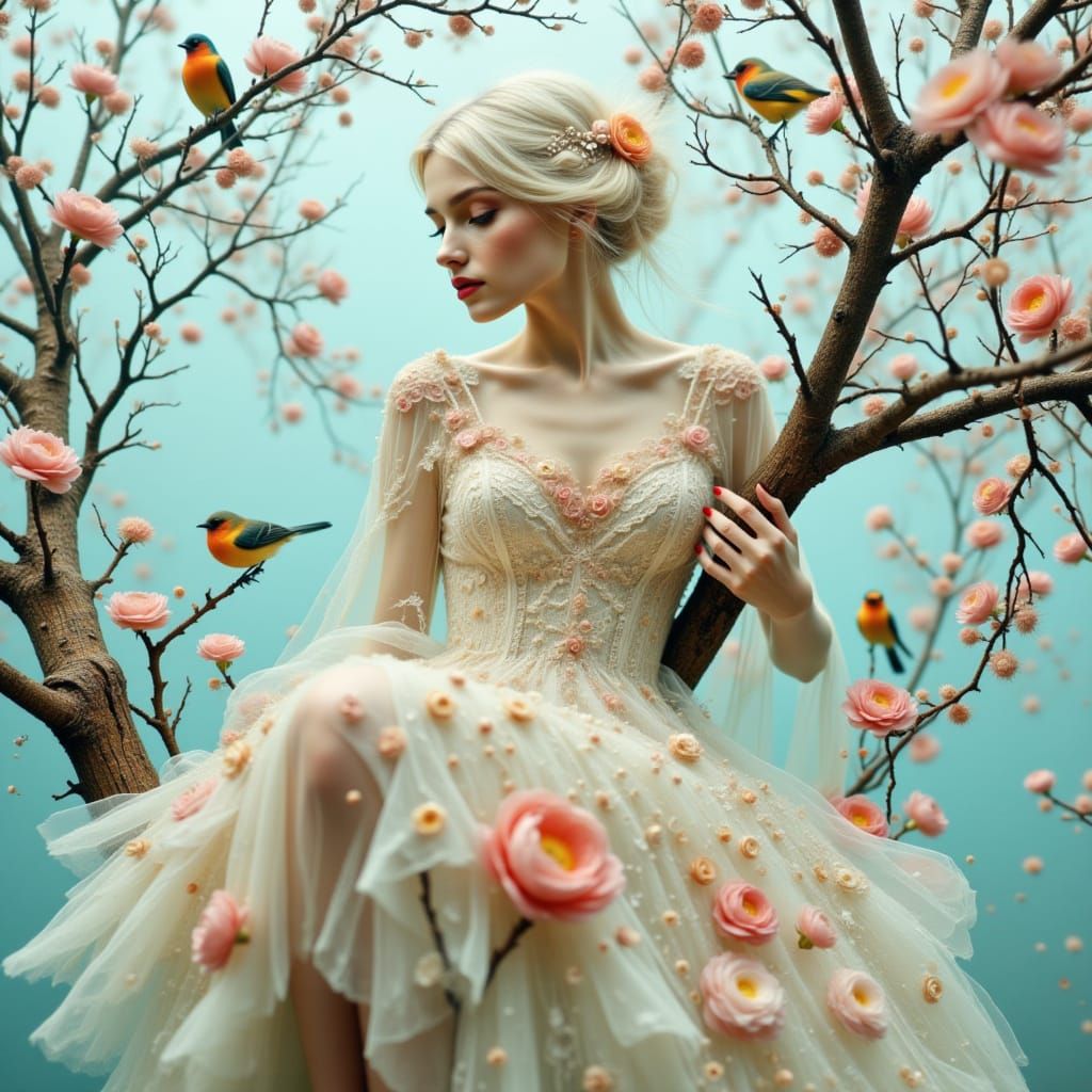 Elegant Young Woman in Rococo Dress on Flowering Branch