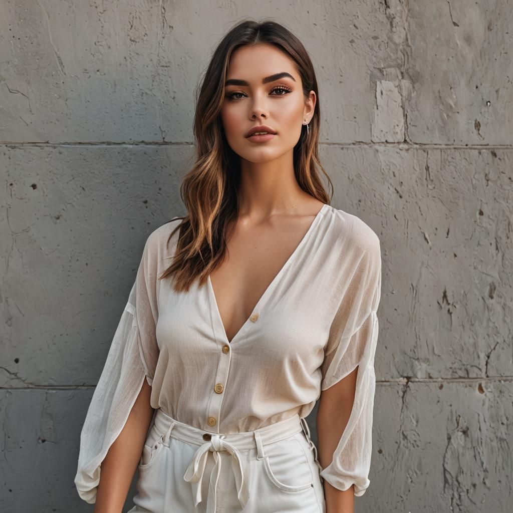 A beautiful blonde woman wearing loose white clothing modelling against a wall