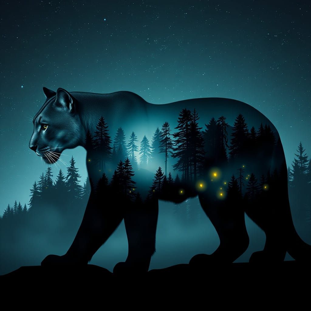 Majestic Mountain Lion Silhouette Blends with Enchanted Fore...