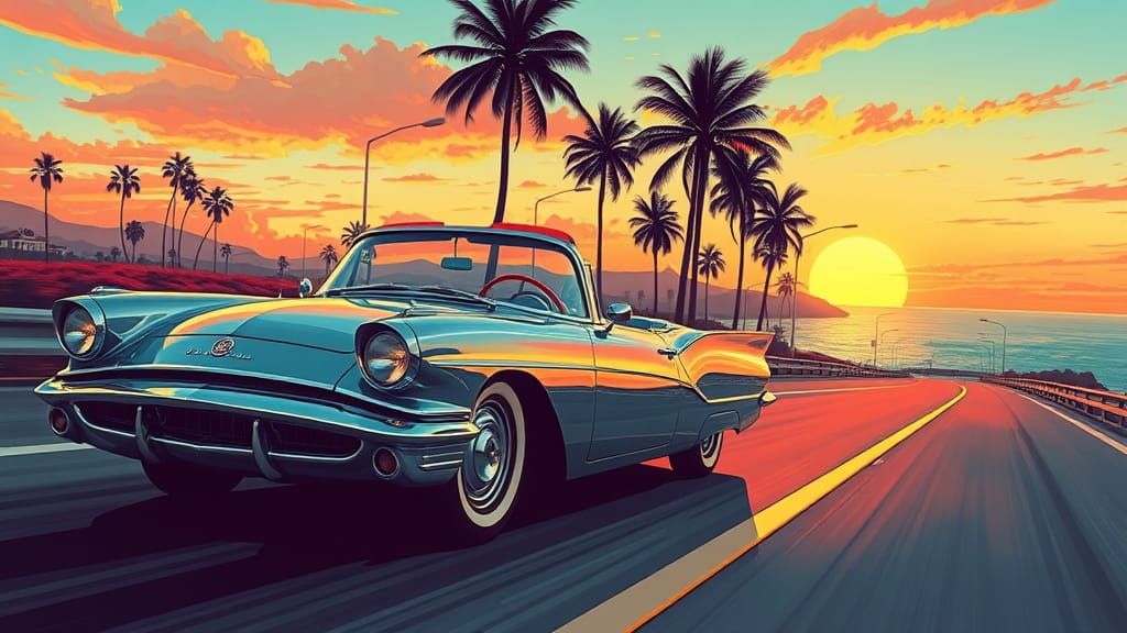 Retro-Futuristic Car Cruising Coastal Highway at Sunset