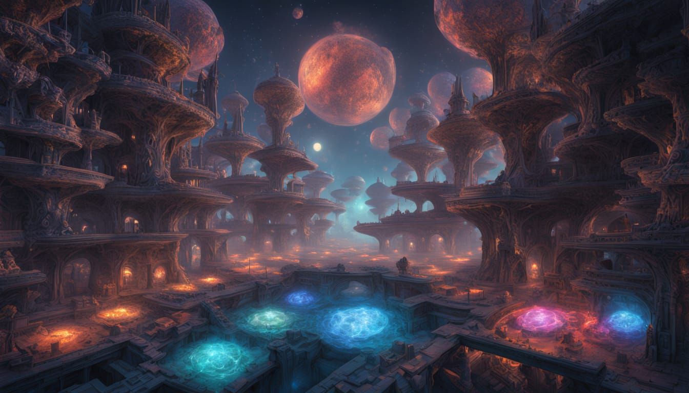 Hidden City in Ancient Tree: Cosmic Illustration