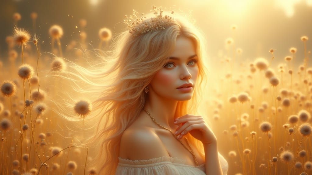 Blonde Woman in Golden Light, Whimsical Digital Art