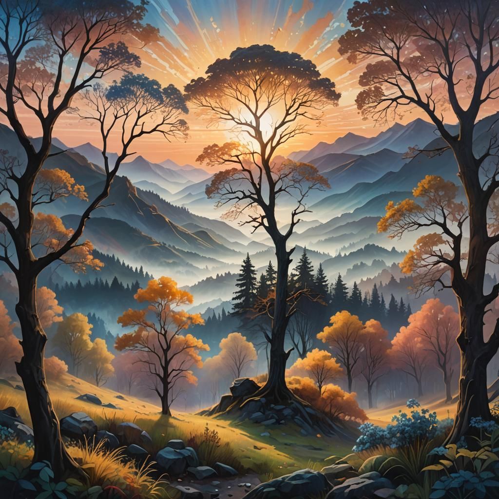 Serene Dawn Landscape in Oil Paint Style