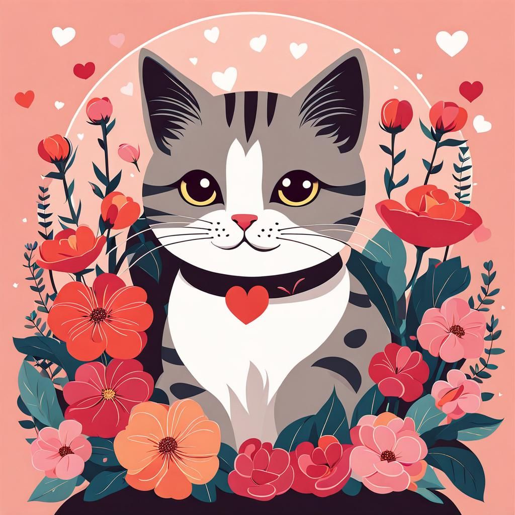 Cute Cat Surrounded by Flowers and Heart Lights