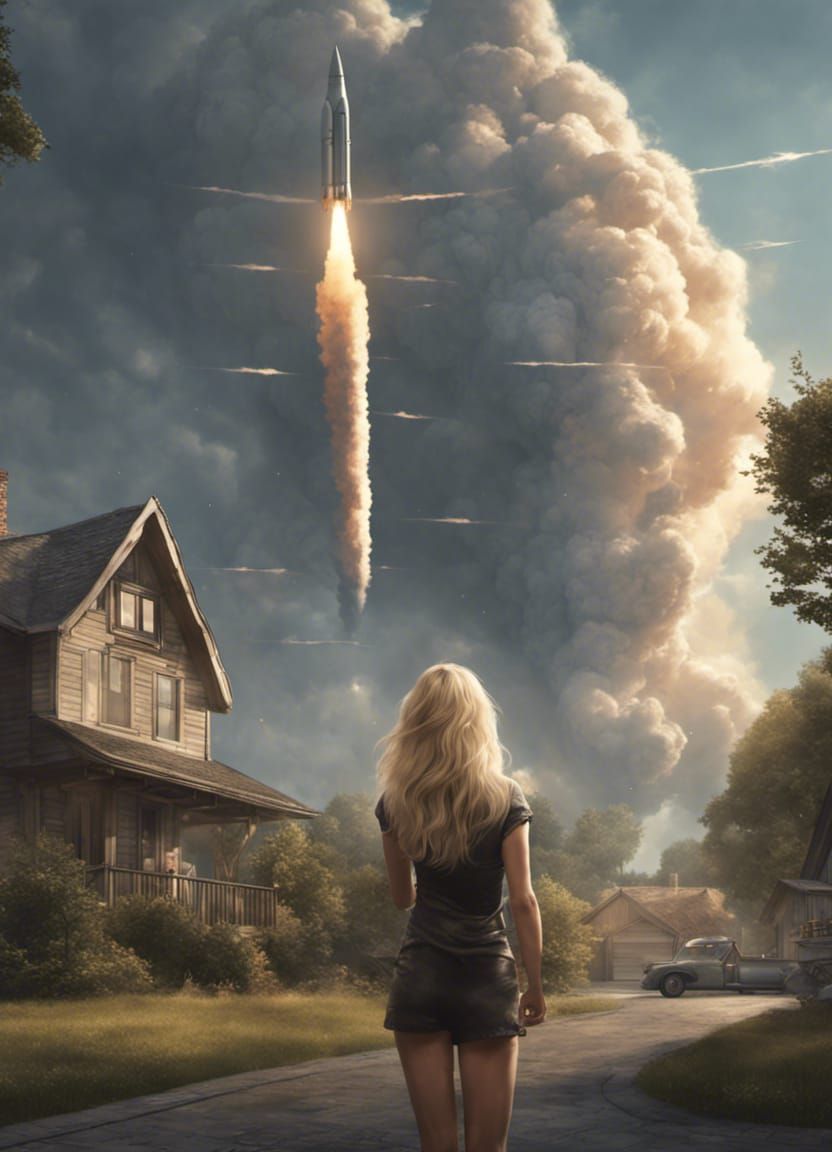 Woman Watches Missiles Launch, Dark Fantasy Concept Art