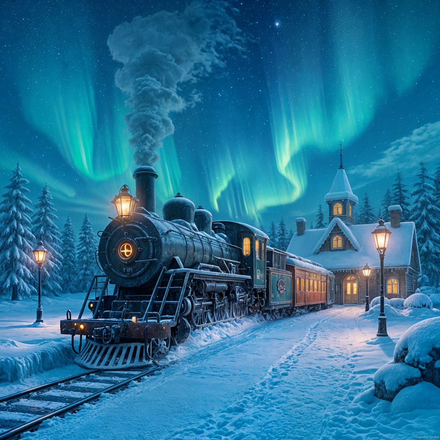 Enchanting Ice Train Station Under Aurora Borealis