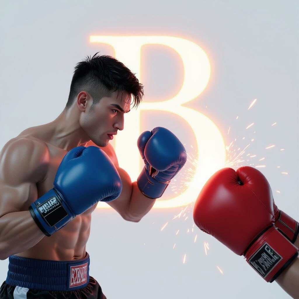 Boxer with Mismatched Gloves and Glowing Letter B