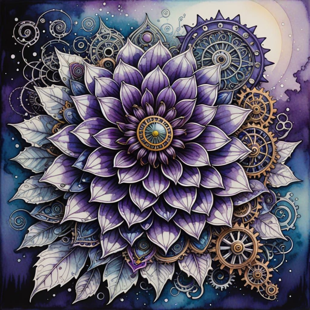 Ethereal Steampunk Dahlia in Vibrant Watercolor and Ink