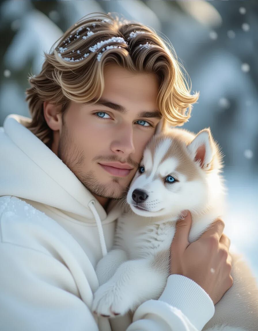 Man and Husky Puppy Embrace in Snowy Golden Hour