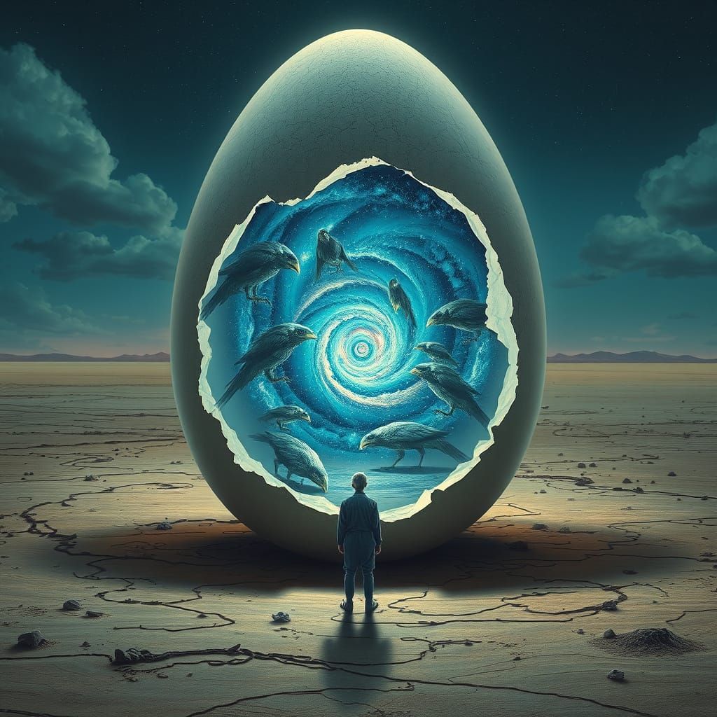 Cosmic Egg with Galaxy and Hybrid Creatures